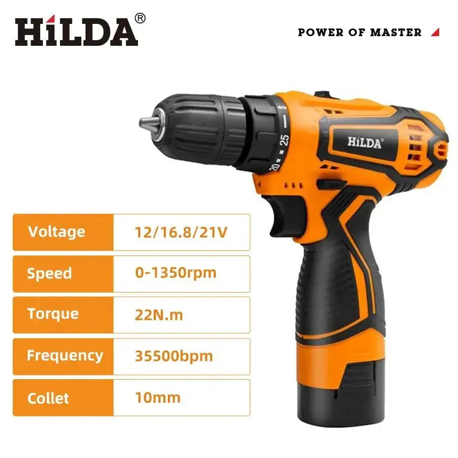 HILDA 12V 16.8V 21V Cordless Drill Electric Screwdriver Mini Wireless Power Driver DC Lithium-Ion Battery Power Tools DS