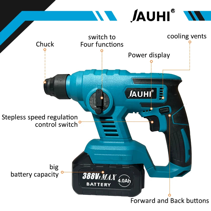 JAUHI 1000W Cordless 3600rpm Electric Rotary Hammer Rechargeable 8600ipm Electric Hammer Drill For Makita 18V Battery