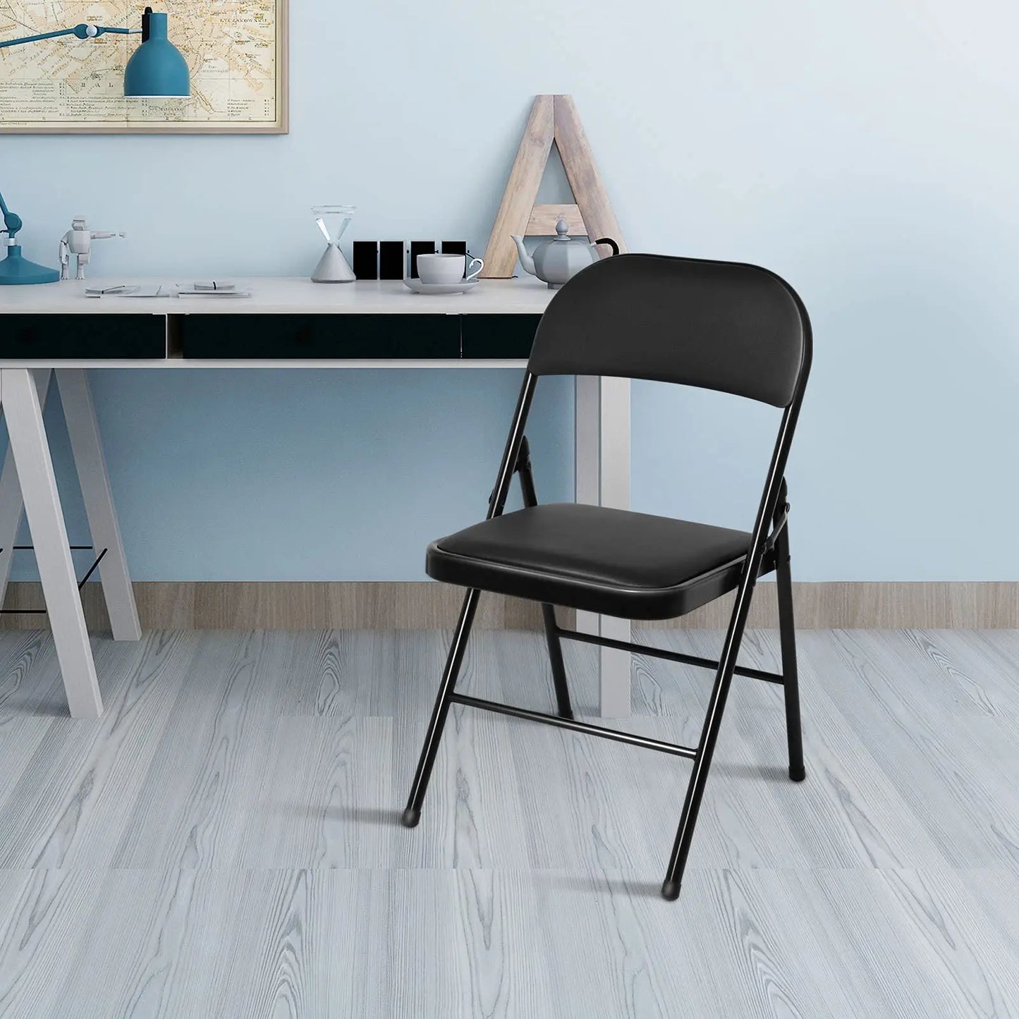 Black Metal Folding Chair Foldable Computer Desk Office Party Back Rest Chairs