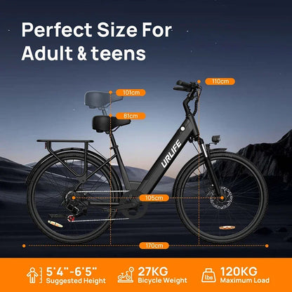 E-bike URLIFE E26 250W Motor 36V13AH Removable Battery High Carbon Steel Frame Electric Bicycle 26 inch Tire Adult Electric Bike Torange