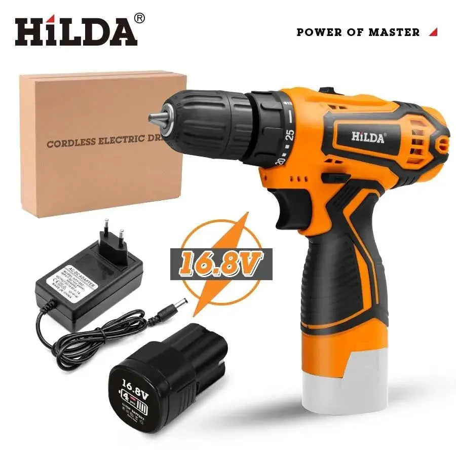 HILDA 12V 16.8V 21V Cordless Drill Electric Screwdriver Mini Wireless Power Driver DC Lithium-Ion Battery Power Tools DS