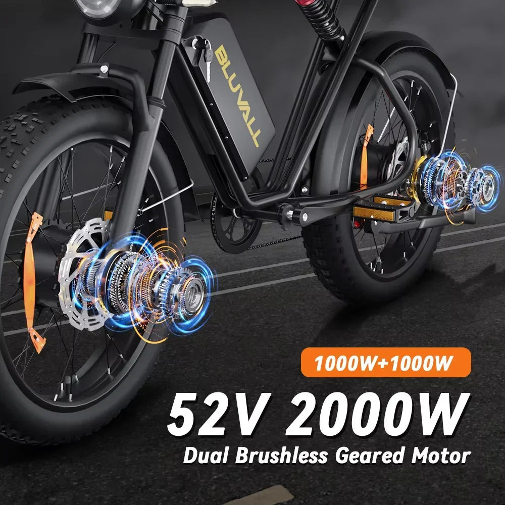 E-bike BLUVALL K10 2000W Brushless Dual Motor 52V43AH Dual Battery Hydraulic Brake Snow E-Bicycle 20 Inch Fat Tire Electric Bike Torange