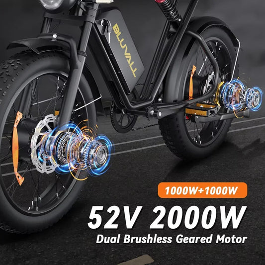E-bike BLUVALL K10 2000W Brushless Dual Motor 52V43AH Dual Battery Hydraulic Brake Snow E-Bicycle 20 Inch Fat Tire Electric Bike Torange