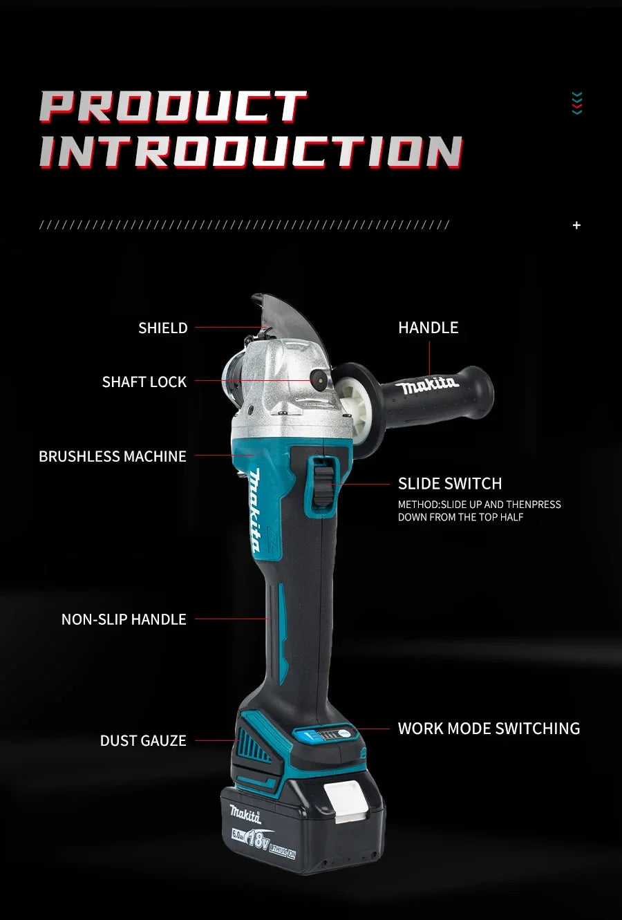 Makita 18V DGA404 Brushless Lithium Electric Angle Grinder Rechargeable Cutting Machine High Power Polishing Machine
