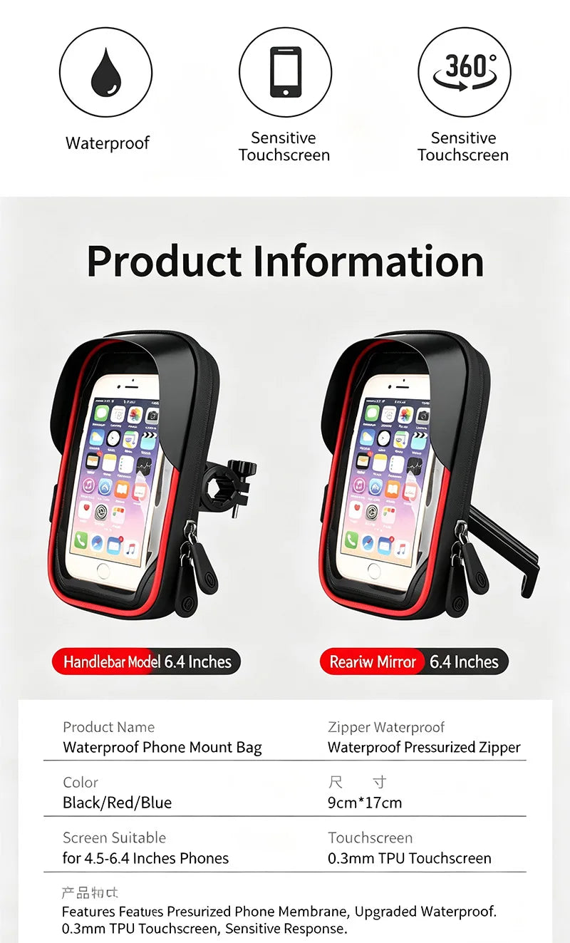 6.4" Waterproof Bike Phone Holder Motorcycle Handlebar Mount Universal for Bicycle Scooter Rotatable Navigation Cycling Tail Bag Torange