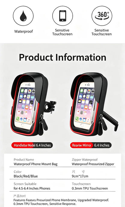 6.4" Waterproof Bike Phone Holder Motorcycle Handlebar Mount Universal for Bicycle Scooter Rotatable Navigation Cycling Tail Bag Torange