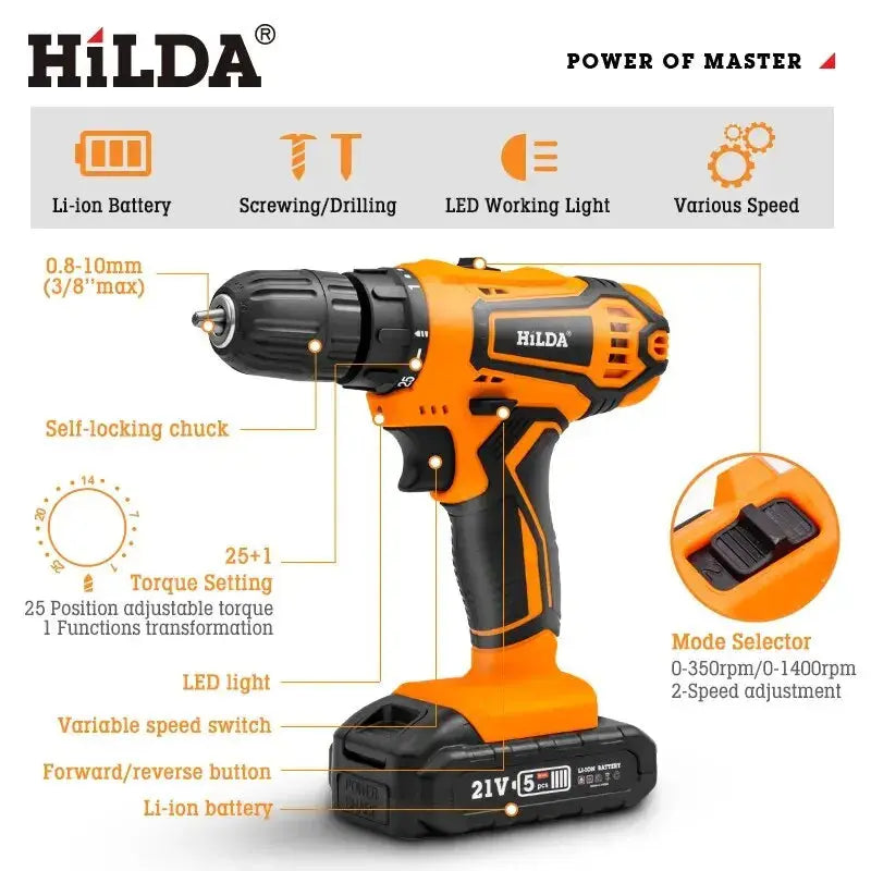 HILDA 12V 16.8V 21V Cordless Drill Electric Screwdriver Mini Wireless Power Driver DC Lithium-Ion Battery Power Tools DS