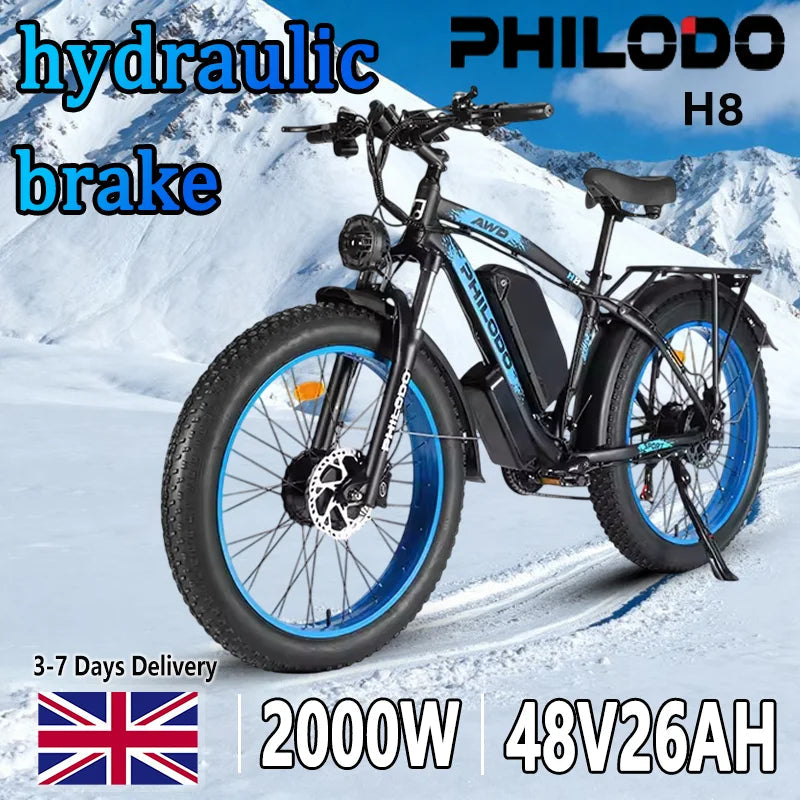 PHILODO H8 Electric Bike Peak Power 3000W Motor 48V26AH Lithium Battery Electric Bicycle Hydraulic Brake 26*4.0 Inch Tire E-Bike Torange