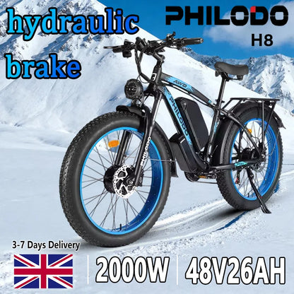PHILODO H8 Electric Bike Peak Power 3000W Motor 48V26AH Lithium Battery Electric Bicycle Hydraulic Brake 26*4.0 Inch Tire E-Bike Torange