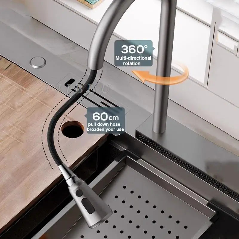Waterfall Kitchen Sink Topmount Single Bowl Wash Basin Stainless Steel Workstation with Drain Accessories Knife Holder Faucet