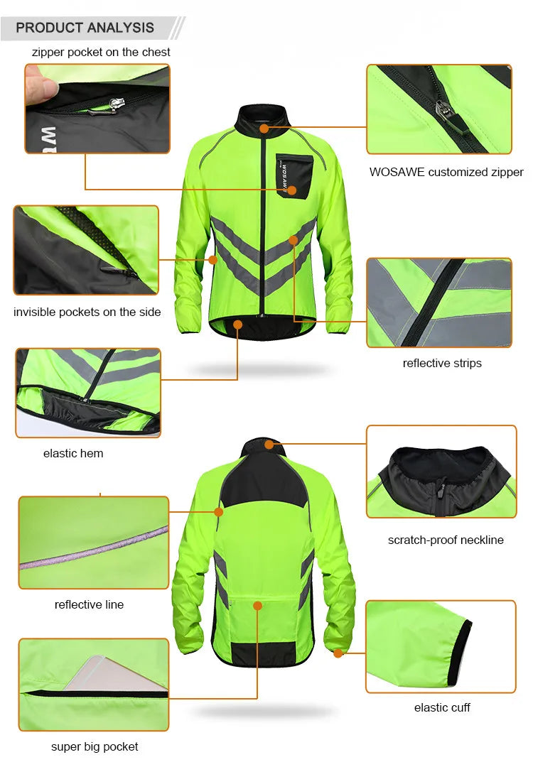 WOSAWE Cycling Rain Jacket High Visibility MultiFunction Jersey Road MTB Bike Bicycle Windproof Quick Dry Rain Coat Windbreaker