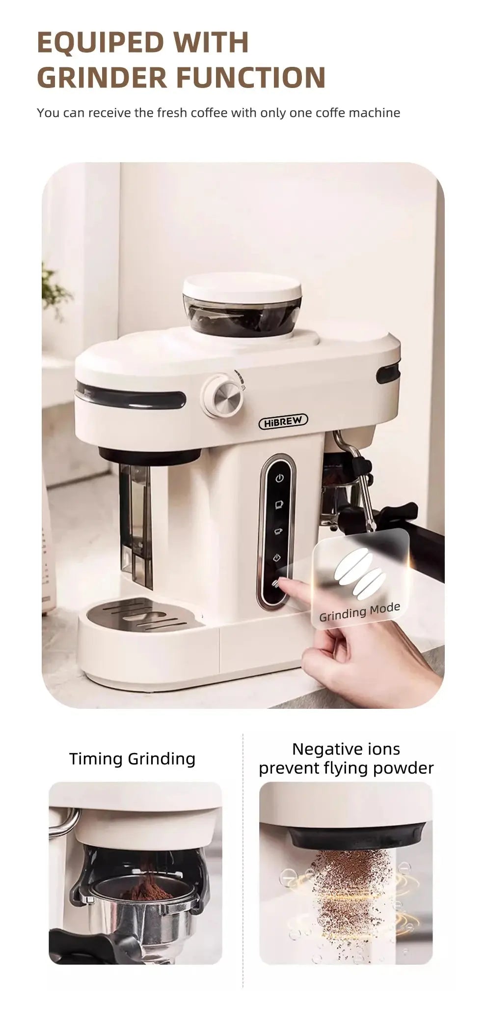 HiBREW 20 Bar Semi Automatic Espresso Coffee Maker With Grinder Bean For Cappuccino and Latte Milk Frothing System Machine H14 Torange