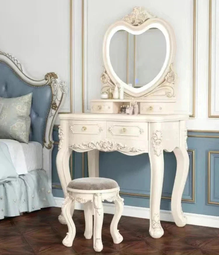 European Dressers Vanity Table Set with Mirror White Makeup Desk with Drawers & Stool - Small Wood Dressing Table for Bedroom
