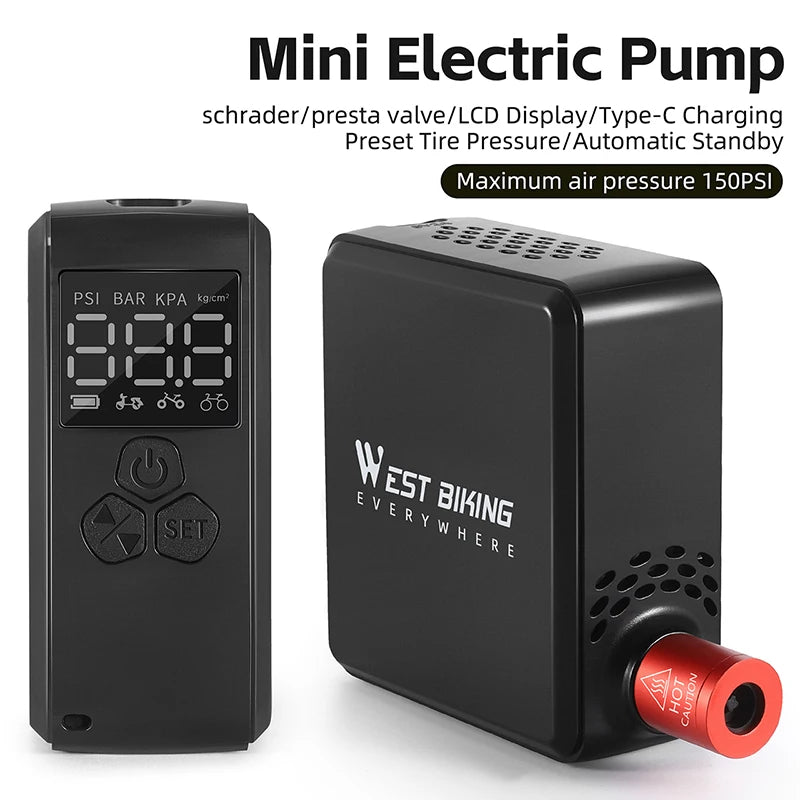 WEST BIKING Mini Electric Bike Pump 150PSI Powerful Air Compressor Pressure Display Car Motocycle MTB Road Bike Tire Inflator