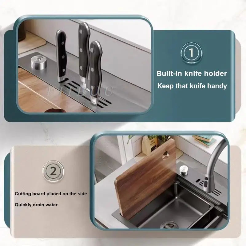 Waterfall Kitchen Sink Topmount Single Bowl Wash Basin Stainless Steel Workstation with Drain Accessories Knife Holder Faucet