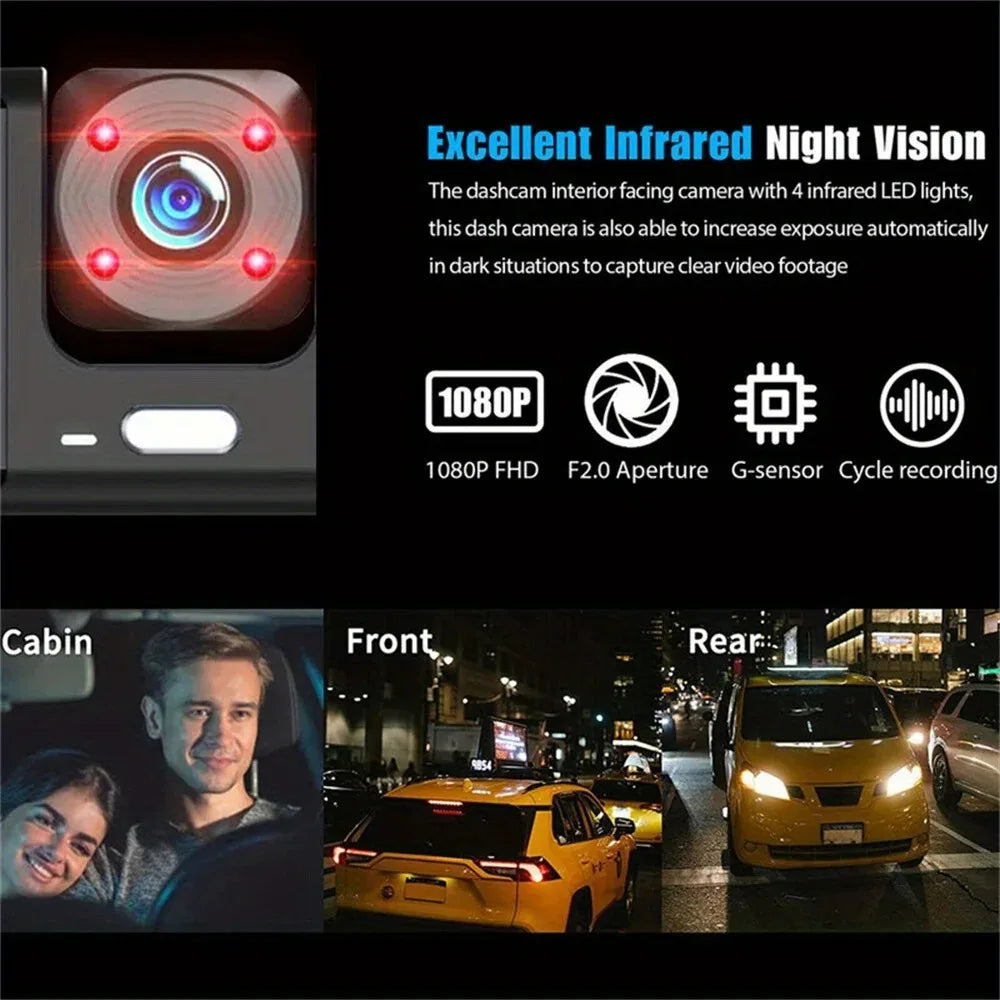 Three Camera Dash Cam For Cars-1080P Front And Inside Recording Car Video Recorder