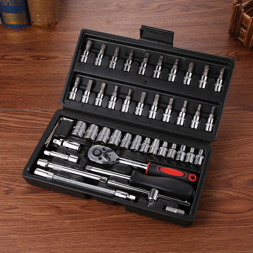 46pcs Car Repair Tool Kit 1/4-Inch Socket Set Car Repair Tool Ratchet Torque Wrench Combo Auto Repairing Set Mechanic Tool