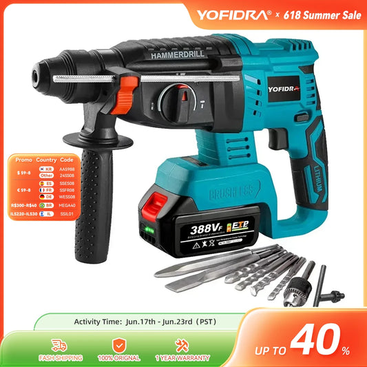 YOFIDRA 26MM Brushless Electric Hammer Drill Multifunctional Rotary Cordless Rechargeable Power Tools For Makita 18V Battery