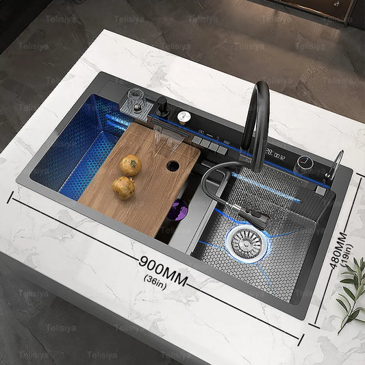 Double Waterfall Stainless Steel Sink Kitchen Large Single Sink Digital Display Multifunction Piano Key Honeycomb Embossed