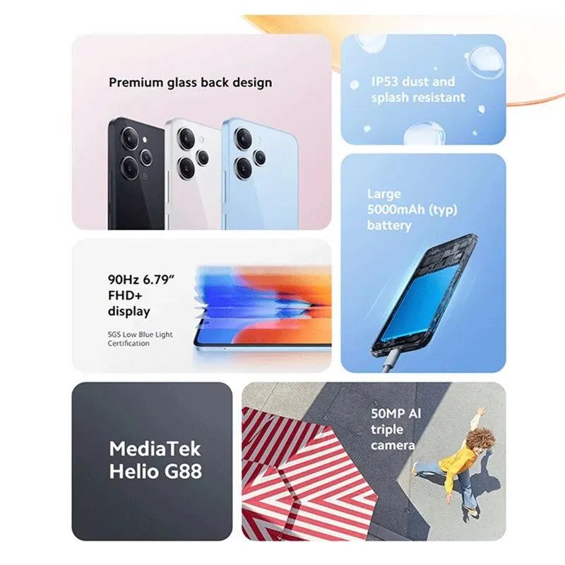 Xiaomi Redmi 12 Cellphone Global Version MTK Helio G88 50MP AI Triple Camera Large 6.79" DotDisplay 5000mAh Battery 18W Charging - Torange