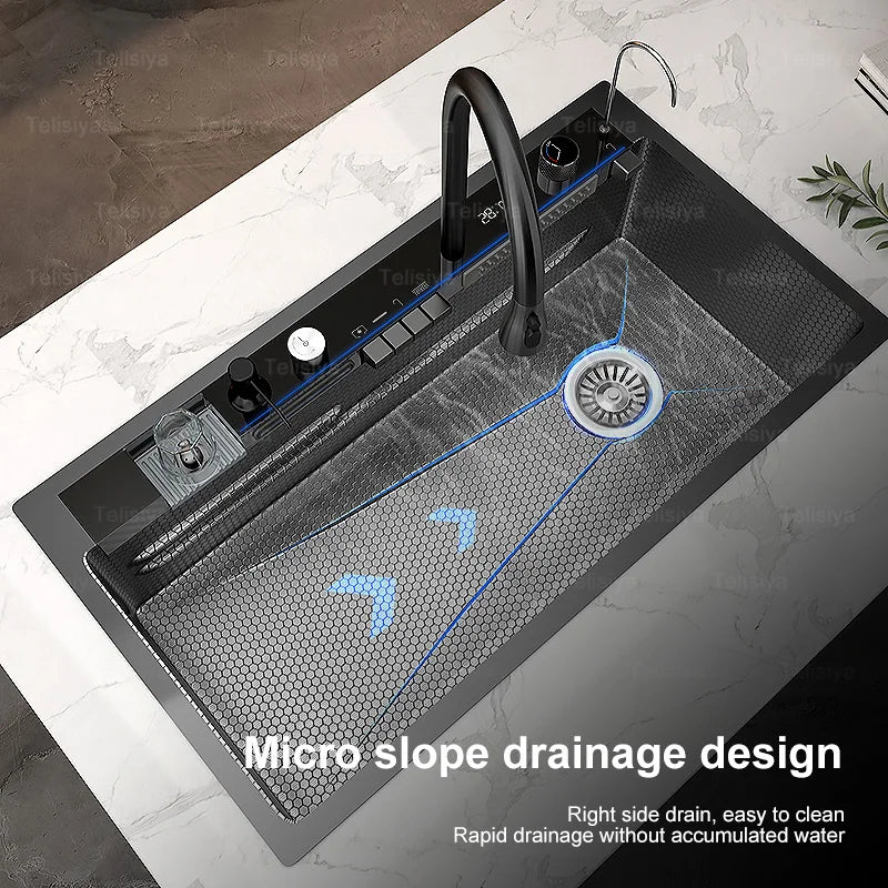 Double Waterfall Stainless Steel Sink Kitchen Large Single Sink Digital Display Multifunction Piano Key Honeycomb Embossed