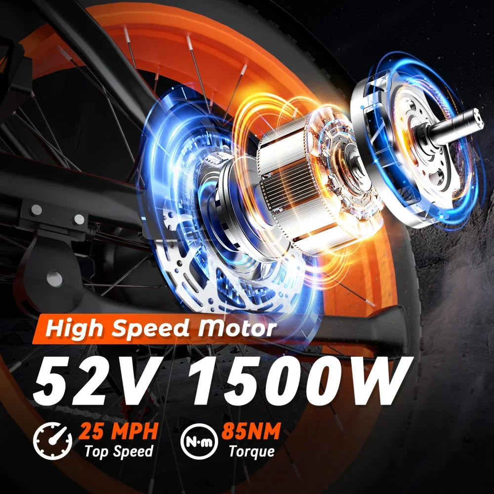Electric Bike BLUVALL SU8 1500W Powerful Motor 52V20AH Removable Battery E-bike Hydraulic Brake 20*4 Inch Fat Tire Electric Bike Torange