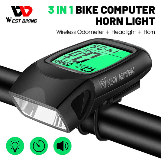 WEST BIKING 3 in 1 Wireless Bike Computer With Horn USB Rechargeable LED Flashlight Waterproof Bicycle Light Cycling Speedometer