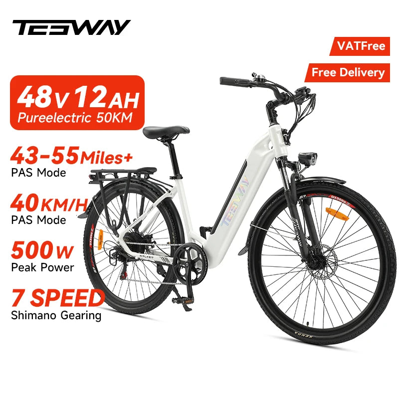 TESWAY E Bike For Adults 500W Motor 48V 12AH Battery 27.5*2.4-inch Tires 40km/h Max Speed 90km Range Mechanical Disc Brakes