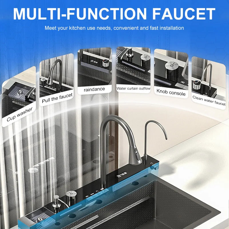 Waterfall Kitchen Sink Set 304 Stainless Steel Nano Sink Home Sink Vegetable Wash Basin Large Single Slot Digital Display Drain