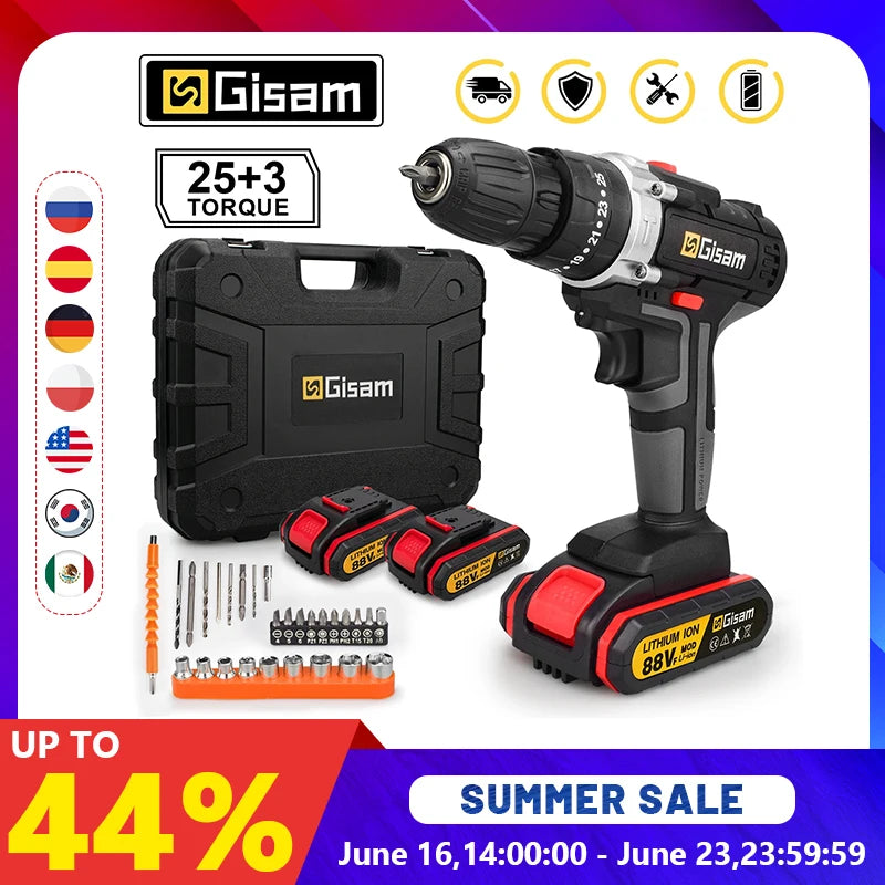Gisam 88VF Cordless Impact Drill Electric Screwdriver Electric Hammer Drill Mini Wireless Hand Drill Lithium-Ion Battery Power Tools