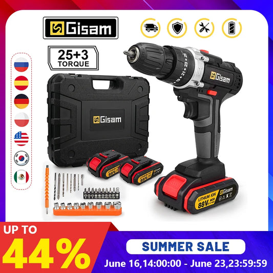 Gisam 88VF Cordless Impact Drill Electric Screwdriver Electric Hammer Drill Mini Wireless Hand Drill Lithium-Ion Battery Power Tools