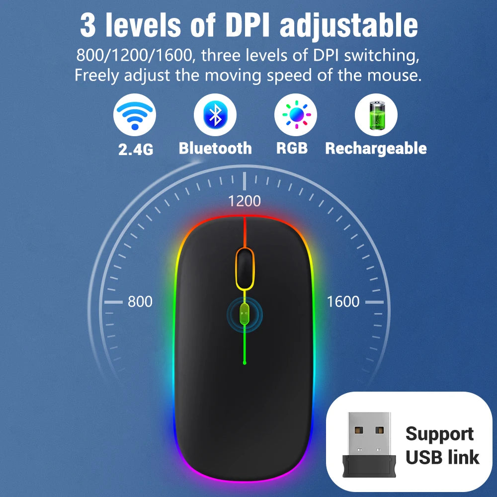1600DPI Bluetooth Wireless Mouse Rechargeable RGB Backlight Mice Ergonomic Silent Gaming Mouse 2.4Ghz USB Receiver For Laptop PC