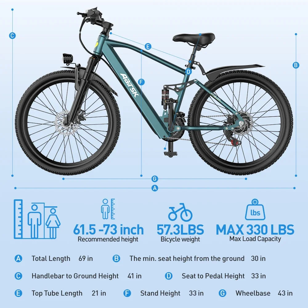 Aairsk GT900 Ebike 250W Motor 36V 13AH Battery Electric Bicycle Mountain OffRoad Full Suspension Adult 26Inch Tire Electric Bike Torange
