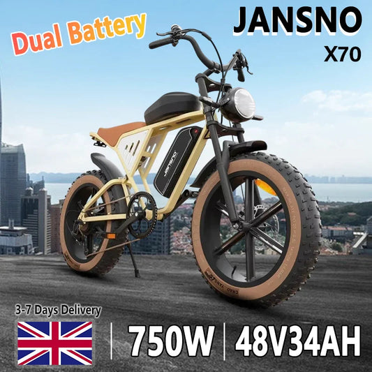 Electric Bike JANSNO X70 750W Brushless Motor 48V34AH Dual Battery Adult Electric Bicycle 20*4.0 Inch Fat Tire Mountain E-bike Torange