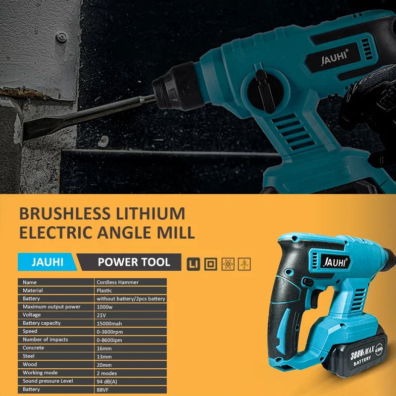 JAUHI 1000W Cordless 3600rpm Electric Rotary Hammer Rechargeable 8600ipm Electric Hammer Drill For Makita 18V Battery