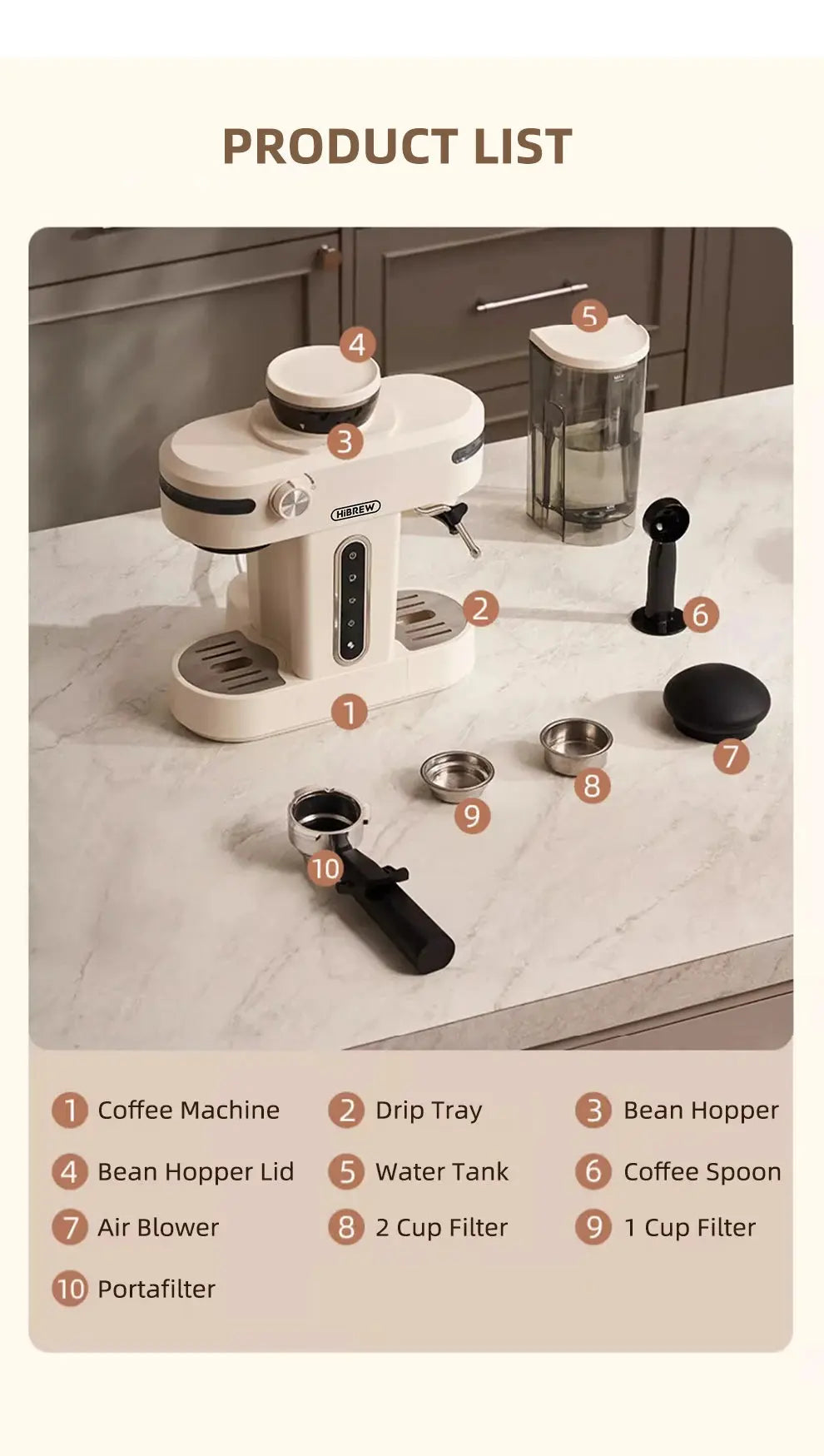 HiBREW 20 Bar Semi Automatic Espresso Coffee Maker With Grinder Bean For Cappuccino and Latte Milk Frothing System Machine H14 Torange