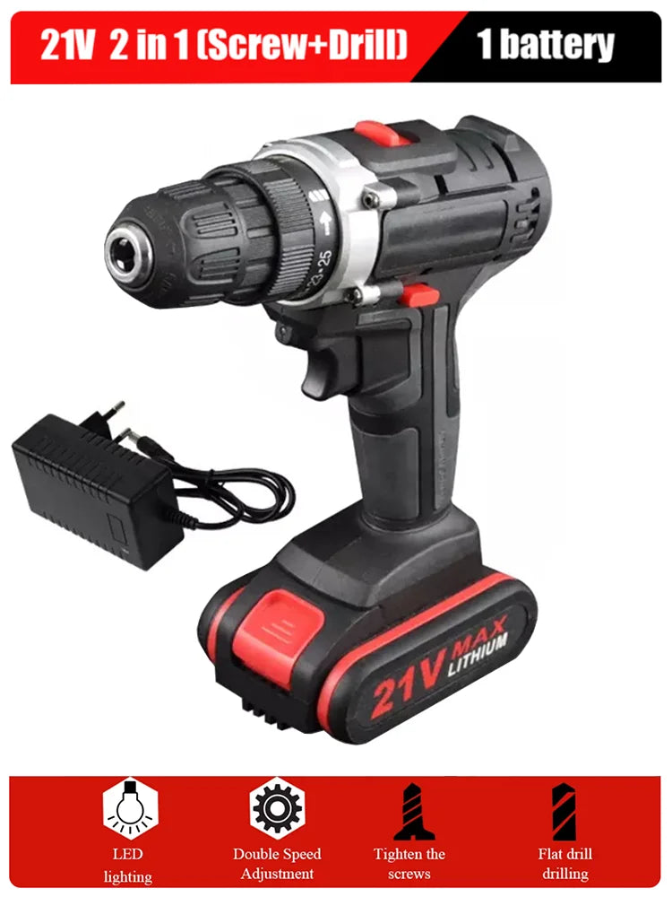 21V Electric Impact Cordless Drill High-power Lithium Battery Wireless Rechargeable Hand Drill Home DIY Electric Power Tools