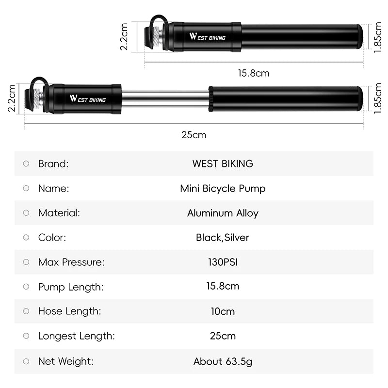 WEST BIKING 130PSI Mini Bike Pump Aluminum Alloy Portable Drop-proof Bike Ultraligh Hand Air Pump MTB Mountain Road Cycling Pump Torange