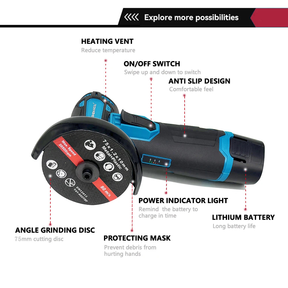 SHENHAOXU 12V Mini Angle Grinder Rechargeable Cordless Polishing Grinding Machine Diamond Cutting Electric DIY Power Tools