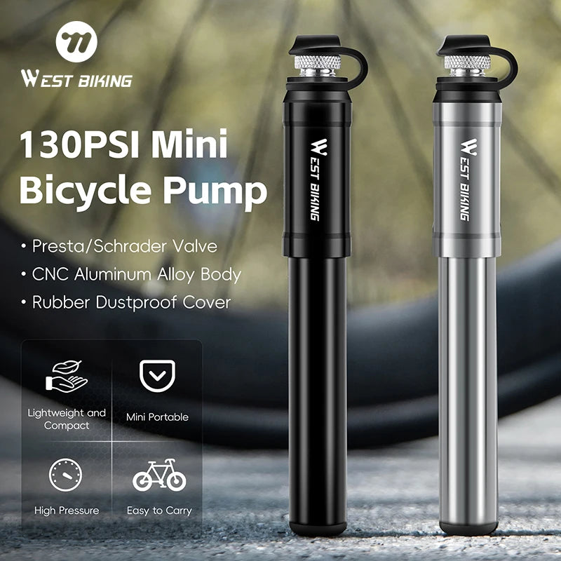 WEST BIKING 130PSI Mini Bike Pump Aluminum Alloy Portable Drop-proof Bike Ultraligh Hand Air Pump MTB Mountain Road Cycling Pump Torange