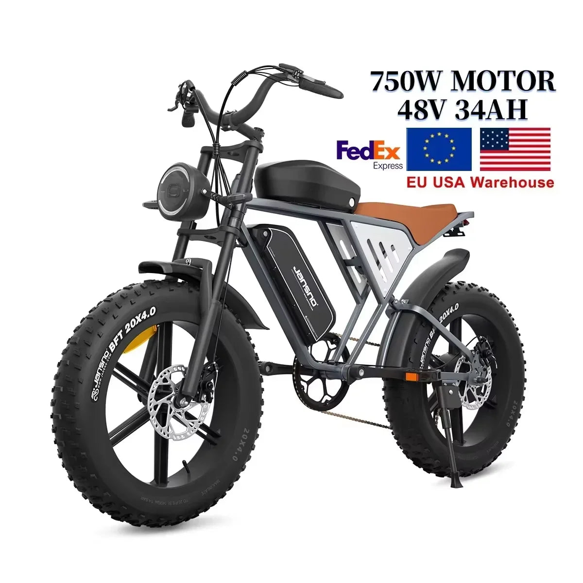 Electric Bike JANSNO X70 750W Brushless Motor 48V34AH Dual Battery Adult Electric Bicycle 20*4.0 Inch Fat Tire Mountain E-bike Torange