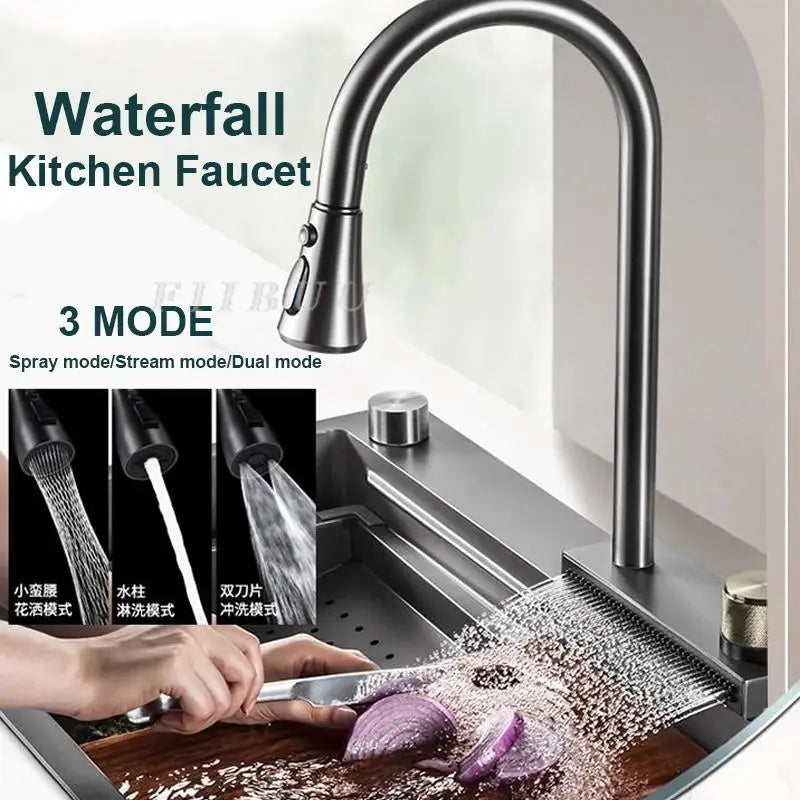 Waterfall Kitchen Sink Topmount Single Bowl Wash Basin Stainless Steel Workstation with Drain Accessories Knife Holder Faucet