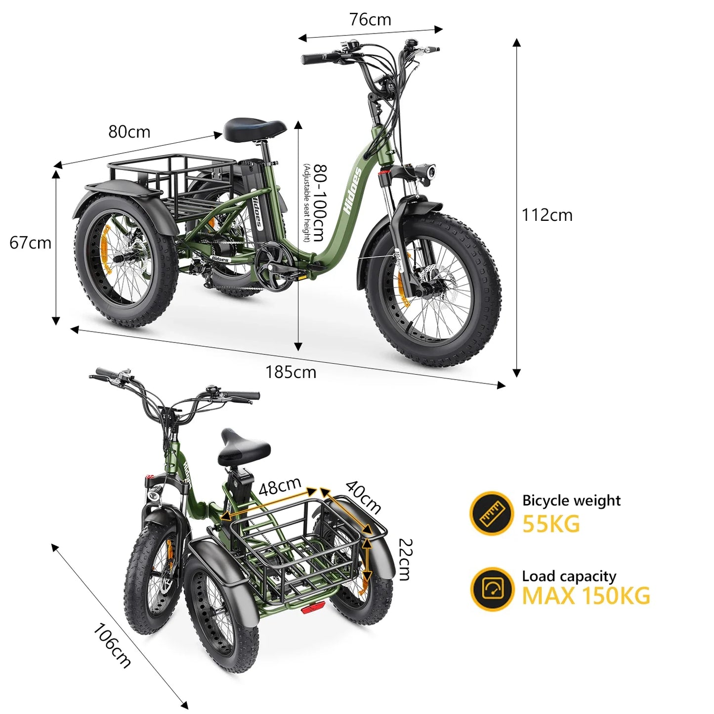 Electro Tricycle 750W Motor 20AH Lithium Battery Folding Electric Tricycle Electric Cars Vehicles for Adults 20*4.0 Inch Ebike