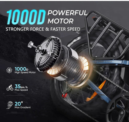 SAMEBIKE Electric Bike 1000W Powerful Motor 48V15AH Battery Adult Travel Electric Bicycle 20*4 In Fat Tire City Commuting E-bike Torange