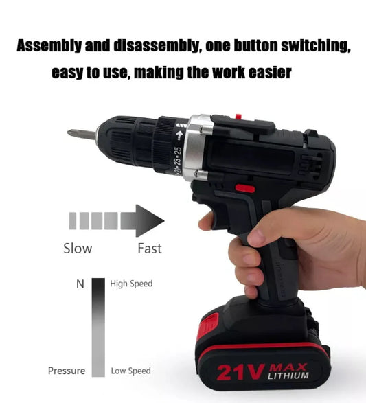 21V Electric Impact Cordless Drill High-power Lithium Battery Wireless Rechargeable Hand Drill Home DIY Electric Power Tools