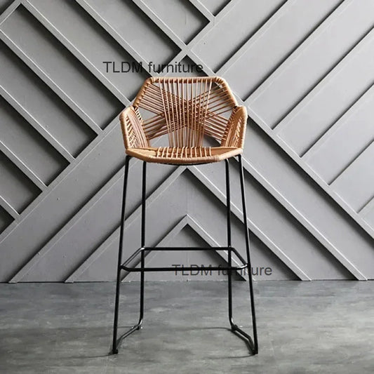 Modern Wrought Iron Bar Chairs High Stools for Kitchen Nordic Bar Furniture PP Rattan Back Home Cafe Outdoor Restaurant Armchair