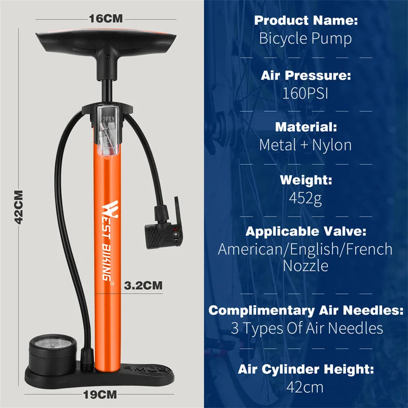 WEST BIKING 160SI Bicycle Pump With Air Pressure Gauge Ergonomic Hand Pump For Schrader/Presta Valve MTB Road Bike Accessories