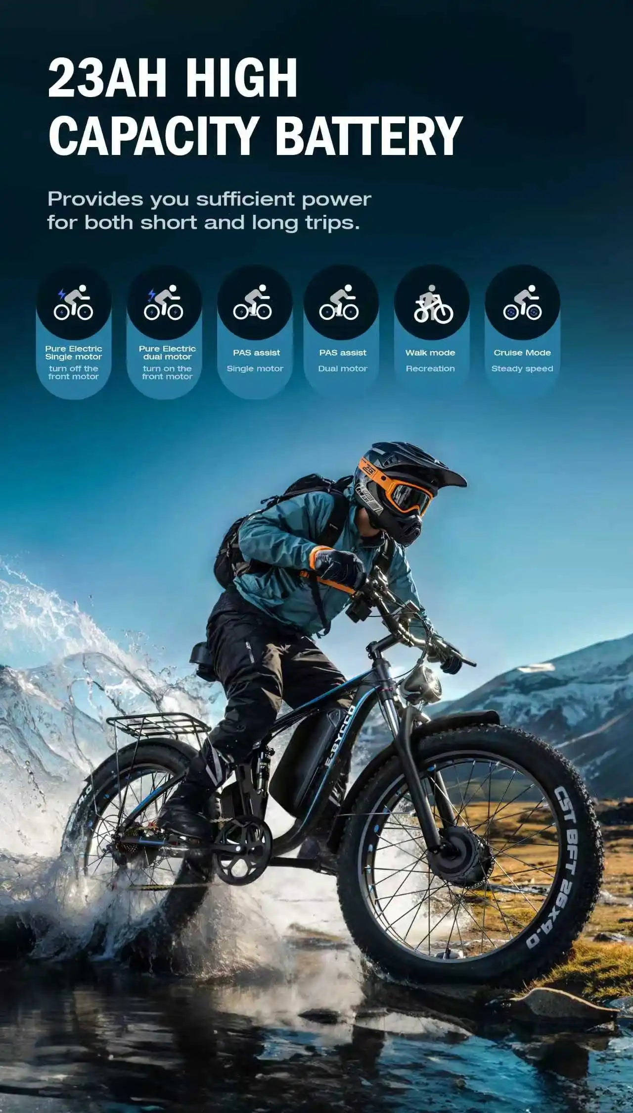 Electric Bike E-BYCCO EB7Pro 2000W Powerful Motor 52V23Ah Battery Adult E-Bike 26*4.0 Inch Fat Tire All Terrain Electric Bicycle Torange