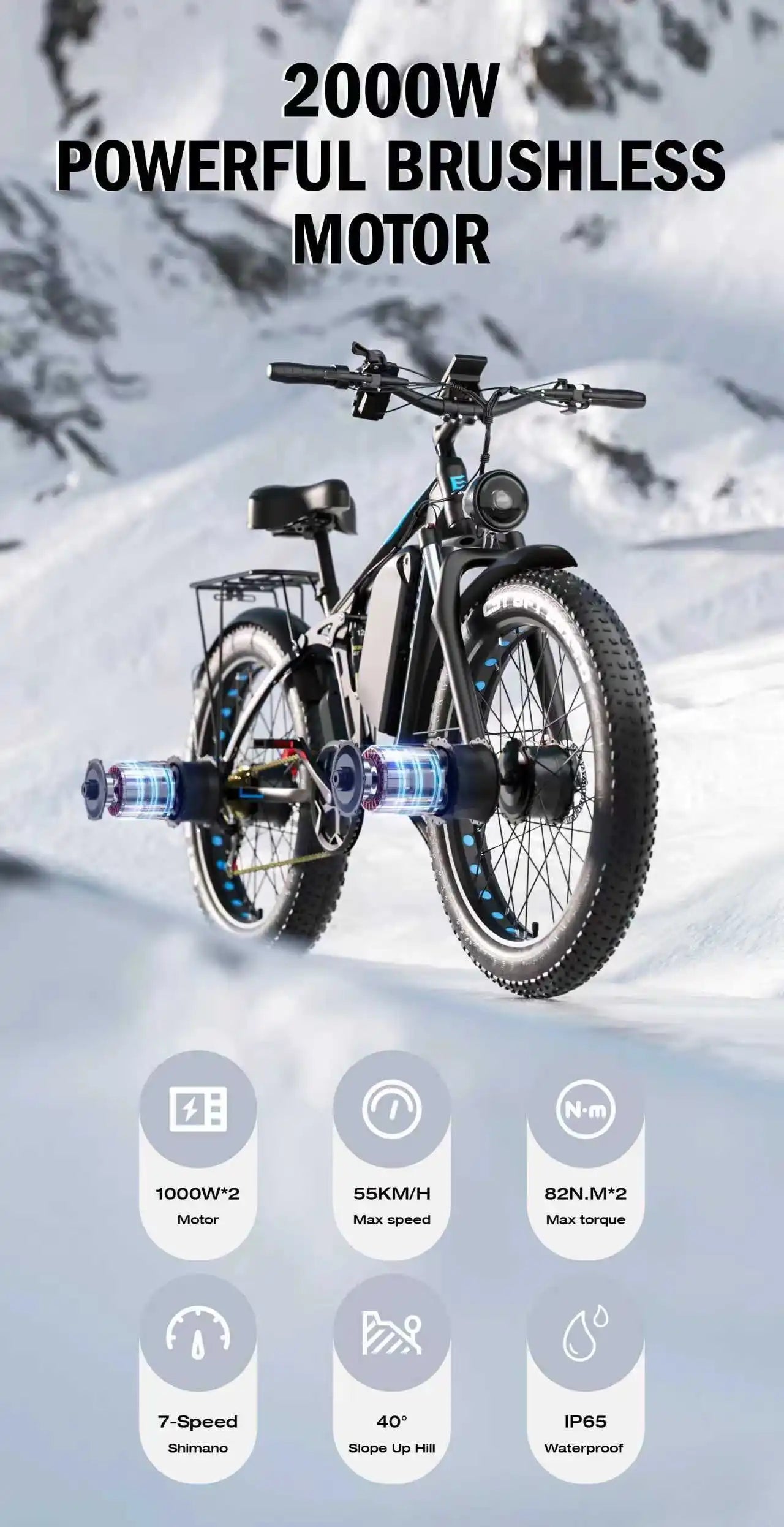 Electric Bike E-BYCCO EB7Pro 2000W Powerful Motor 52V23Ah Battery Adult E-Bike 26*4.0 Inch Fat Tire All Terrain Electric Bicycle Torange