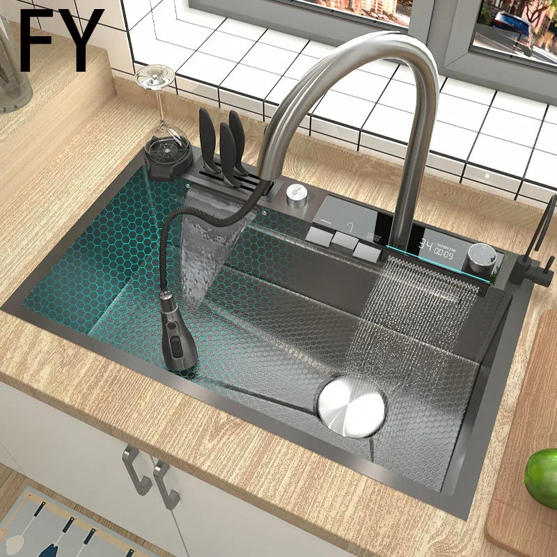 Waterfall Kitchen Sink Set 304 Stainless Steel Nano Sink Home Sink Vegetable Wash Basin Large Single Slot Digital Display Drain